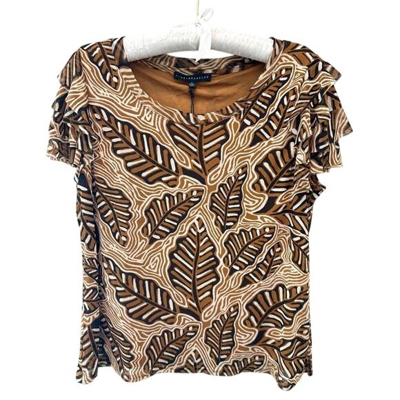 JANE & DELANCEY | Brown Leaf Print Ruffle Sleeve Stretch Blouse NWT | Large - Picture 1 of 8